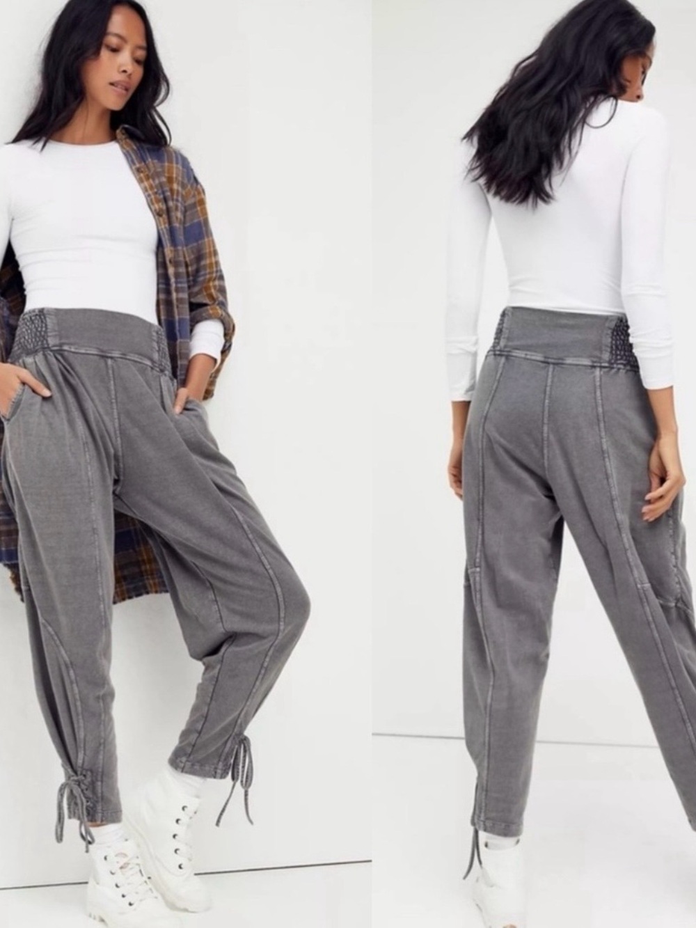Free People FP One Billie Pants M Smocked Jogger Lace Up 100% Cotton Gray Boho